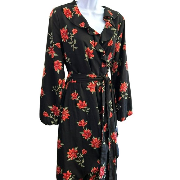 Draper James RSVP Women's Black Red Floral Midi Dress Size Medium V Neck - Picture 3 of 5